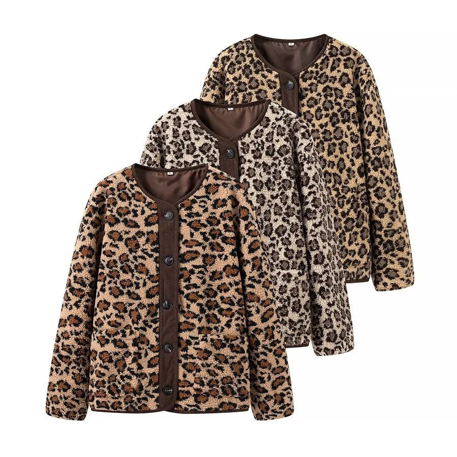 Women's Oversized Faux Fur Jacket in Leopard Print with Cord Trim and Patch Pockets Amarae