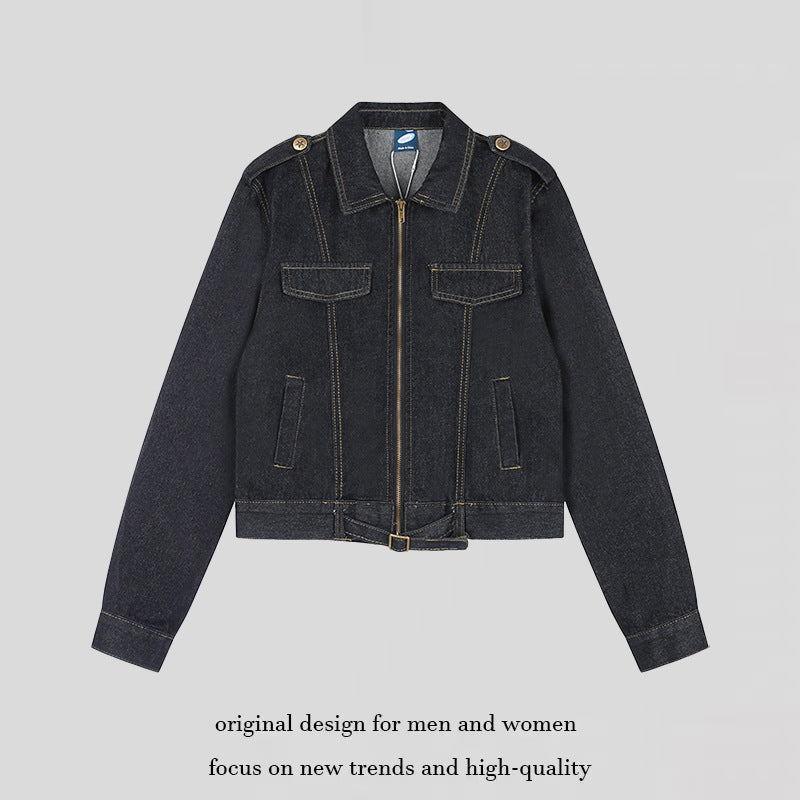 Women Short Cut Denim Jacket with Epaulettes, Zipper and Waist Belt Amarae