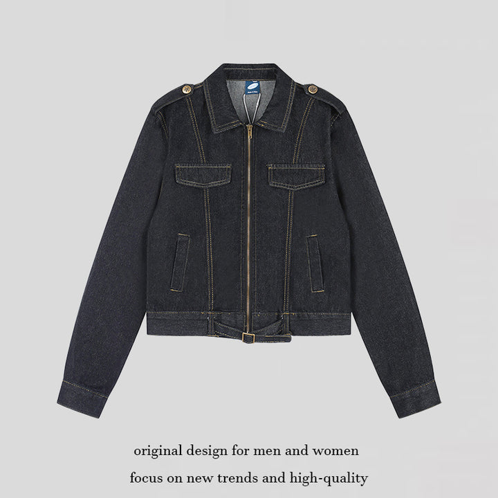 Women Short Cut Denim Jacket with Epaulettes, Zipper and Waist Belt Amarae