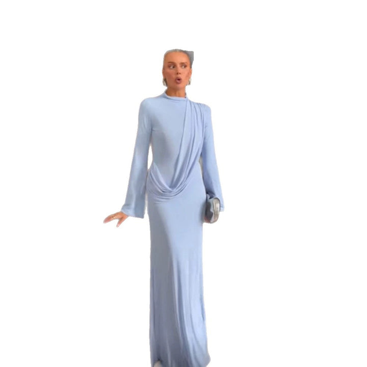 Women's Maxi Dress with Draped Front, Stand Collar and Bell Sleeves Amarae