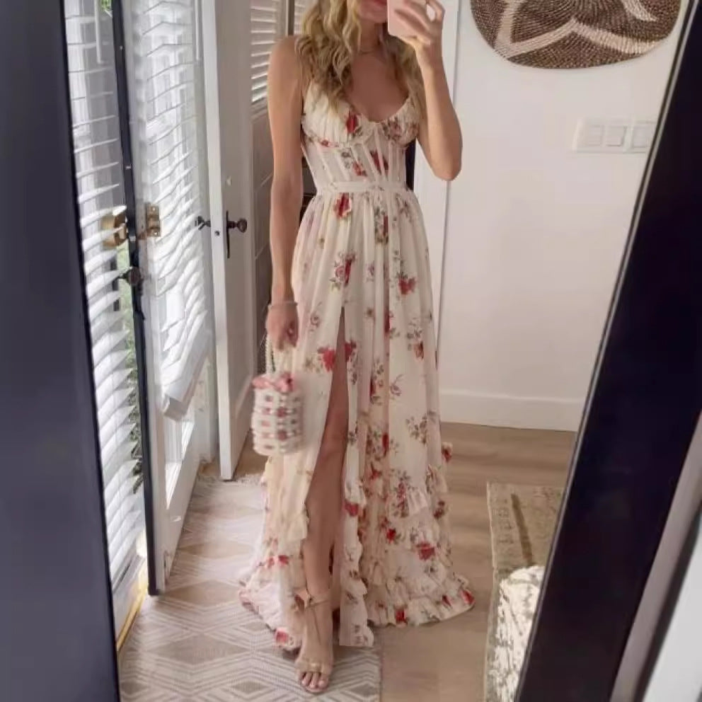Women's maxi dress with floral lace top and high slit Lune London