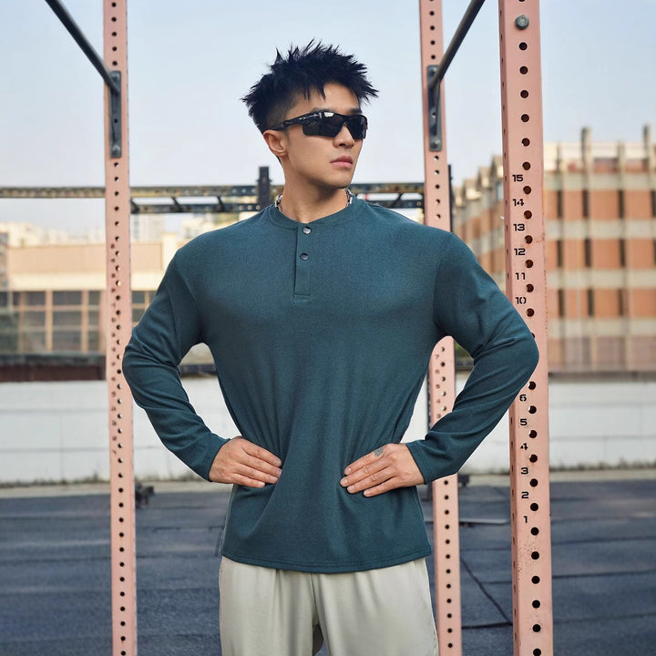 Men's Long Sleeve Henley T-shirt in breathable material with button collar Lune London