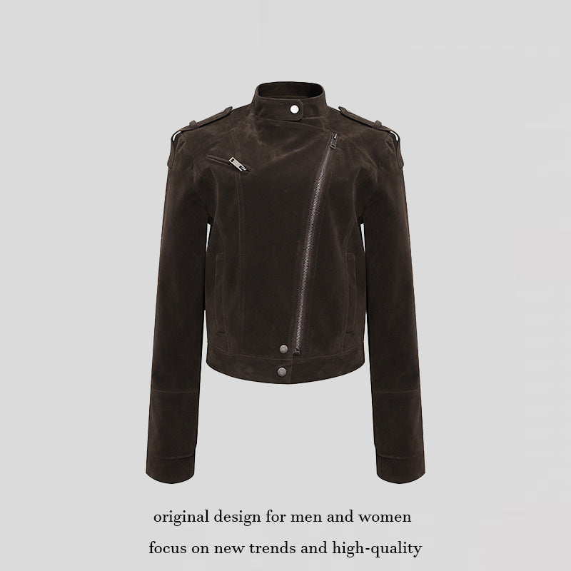 Women's Short Suede Leather Biker Jacket with Asymmetric Zipper and Stand-up Collar Amarae
