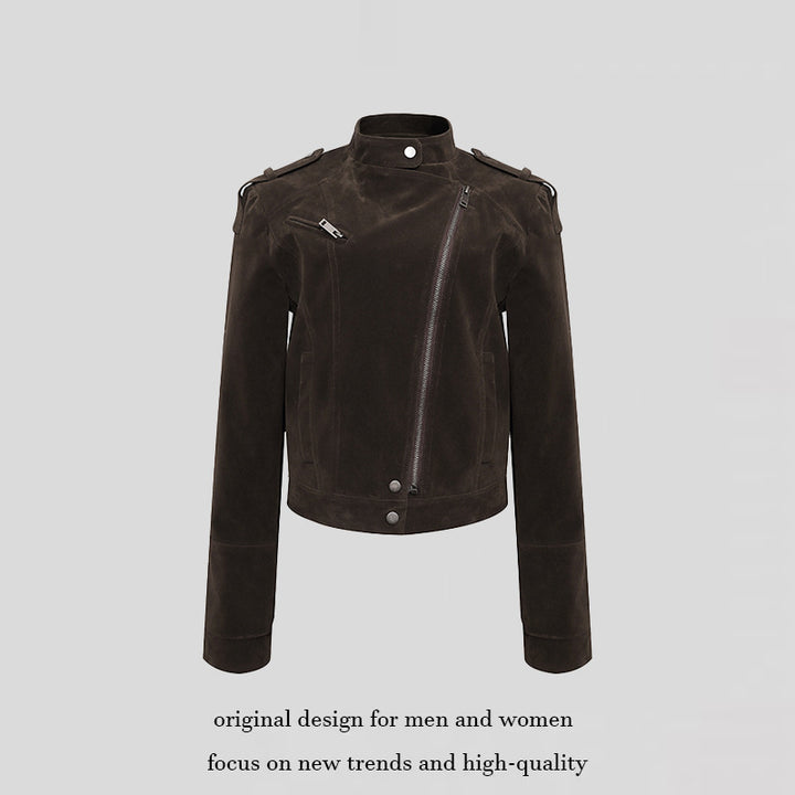 Women's Short Suede Leather Biker Jacket with Asymmetric Zipper and Stand-up Collar Amarae