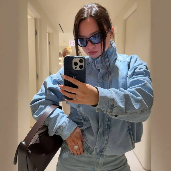 Women's Cropped Denim Jacket in Bomber Style with High Standing Collar and Oversized Sleeves Amarae