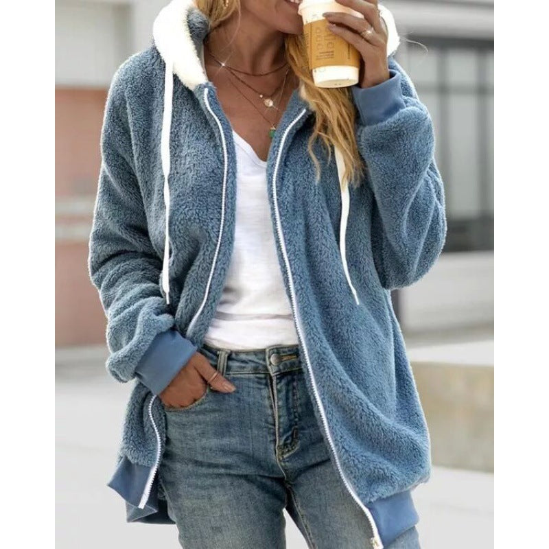 Women's Oversized Sherpa Zip Jacket with Contrast Collar, Ribbed Cuffs, and Drawstring Amarae