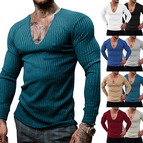 Men's V-neck long sleeve T-shirt with textured ribbed pattern Amarae