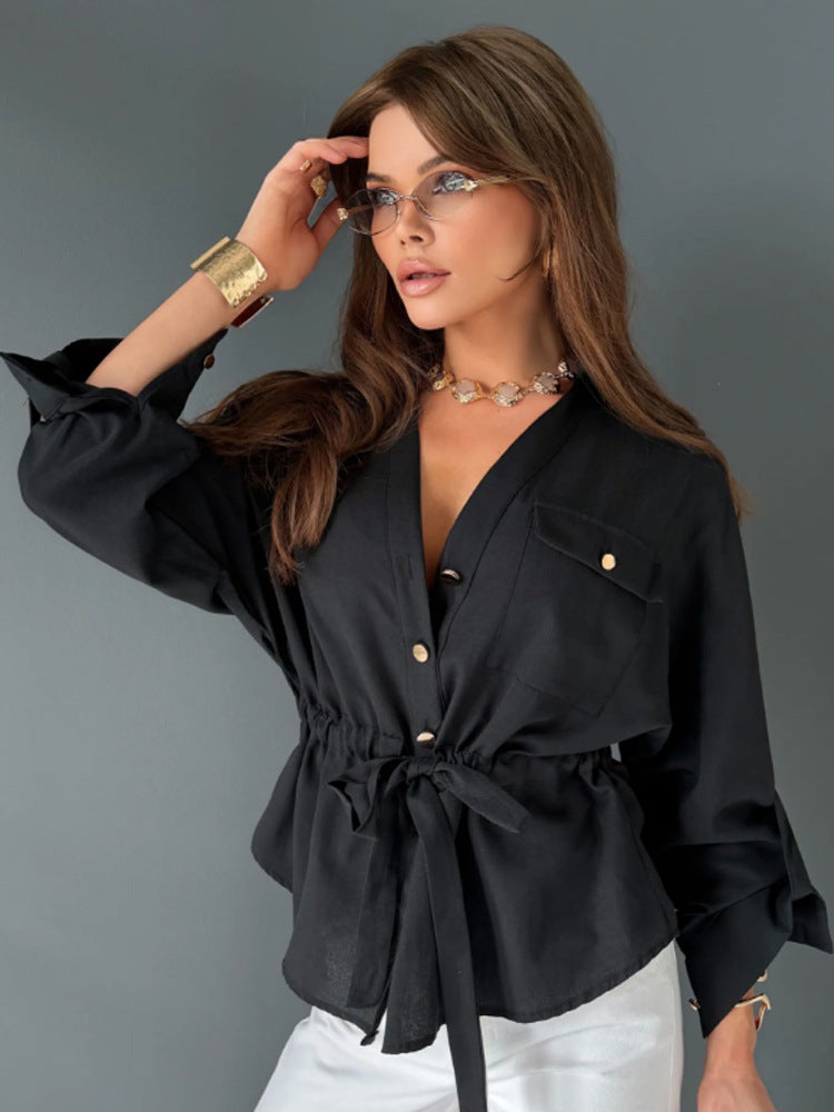 Women Tailored Shirt Blouse with Drawstring, V-Neck and Gold Buttons Amarae