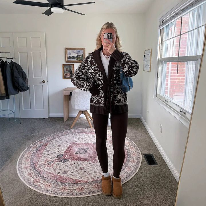 Women's knitted cardigan with shawl collar, Fair Isle pattern and tie belt Amarae