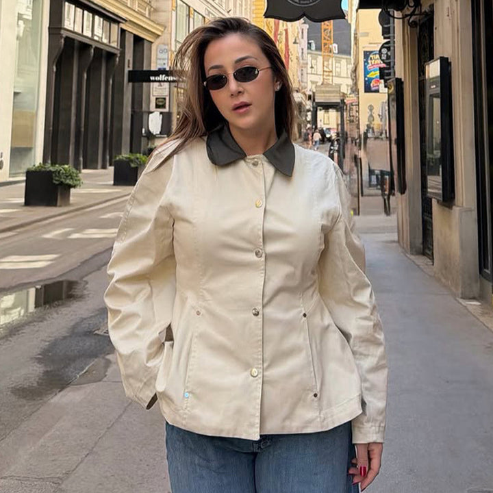 Women's fitted lightweight transition jacket with peplum and contrasting shirt collar Amarae