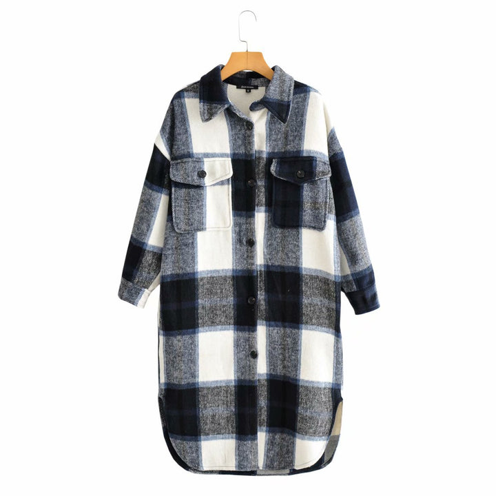 Women's Checked Longline Shacket Coat with Rounded Hem and Patch Breast Pockets Amarae