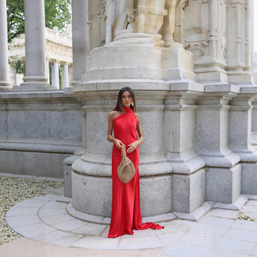 Ladies Elegant Maxi Dress with Asymmetric Cut and Chic Gathering Amarae