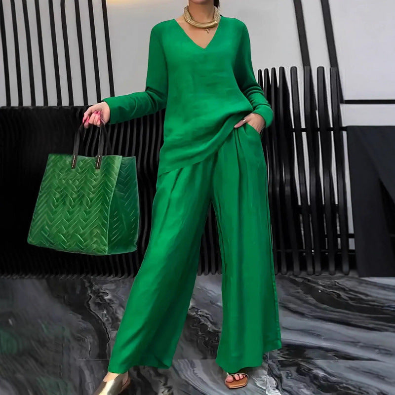 Women's Fine V-Neck Knit Sweater with Flowing Palazzo Pants Amarae