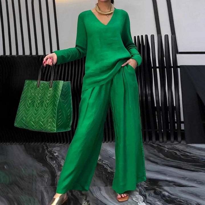 Women's Fine V-Neck Knit Sweater with Flowing Palazzo Pants Amarae