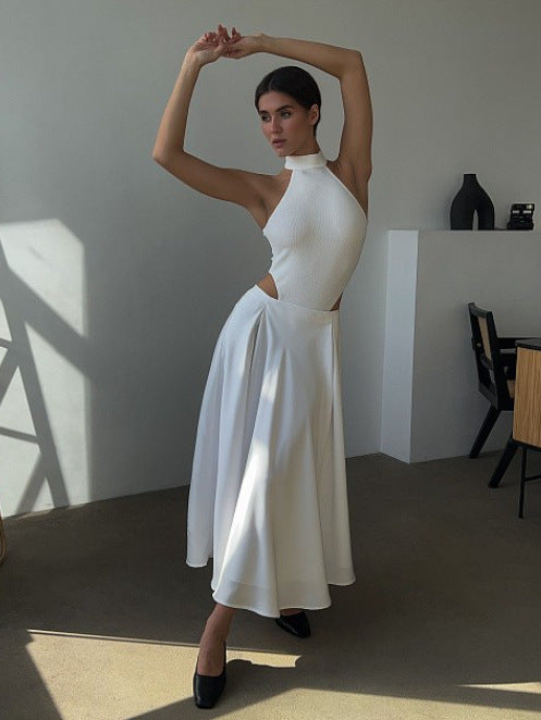 Elegant satin maxi dress for women with flared skirt Lune London