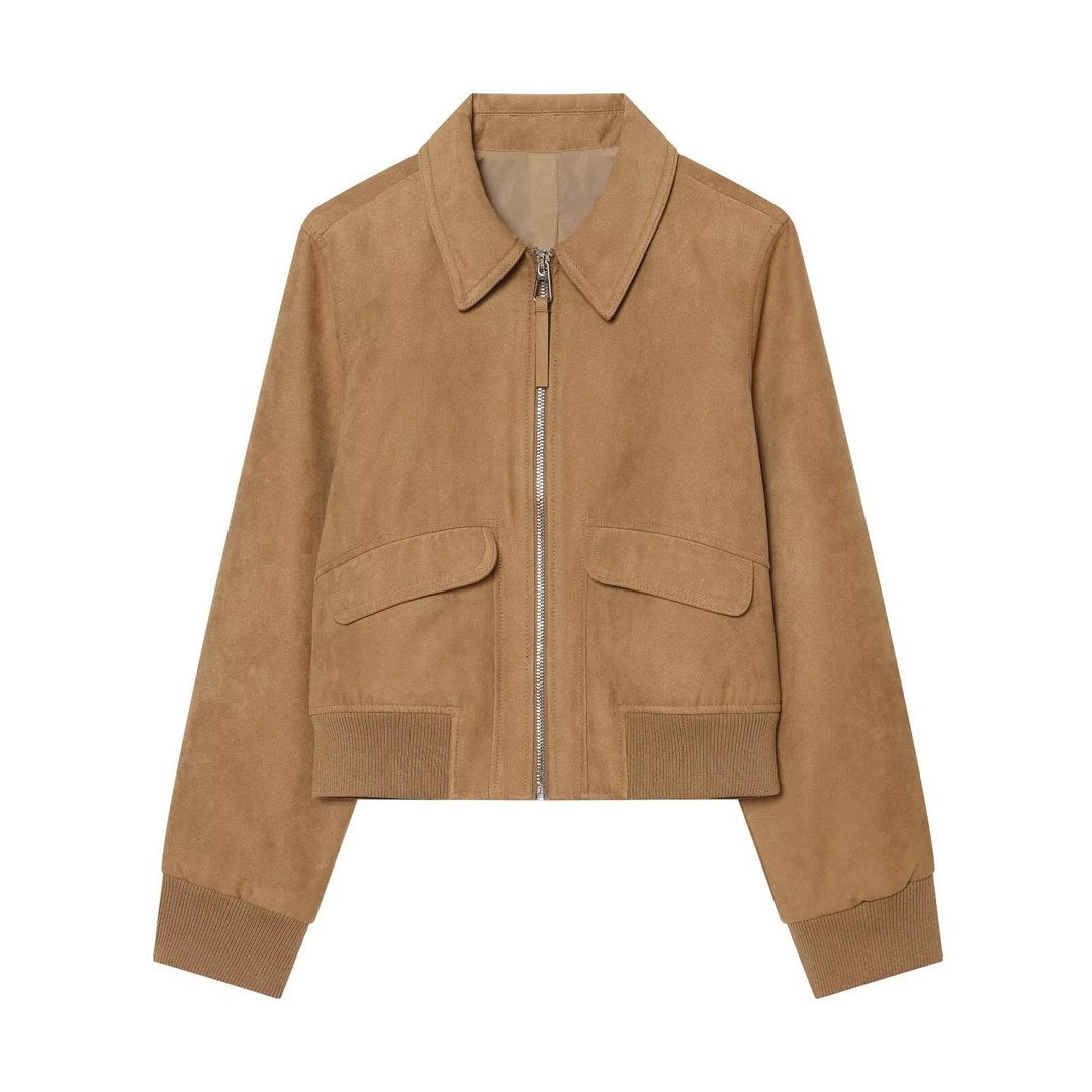 Women's Short Jacket in Suede Look Bomber with Zipper, Flap Pockets and Ribbed Cuffs Amarae