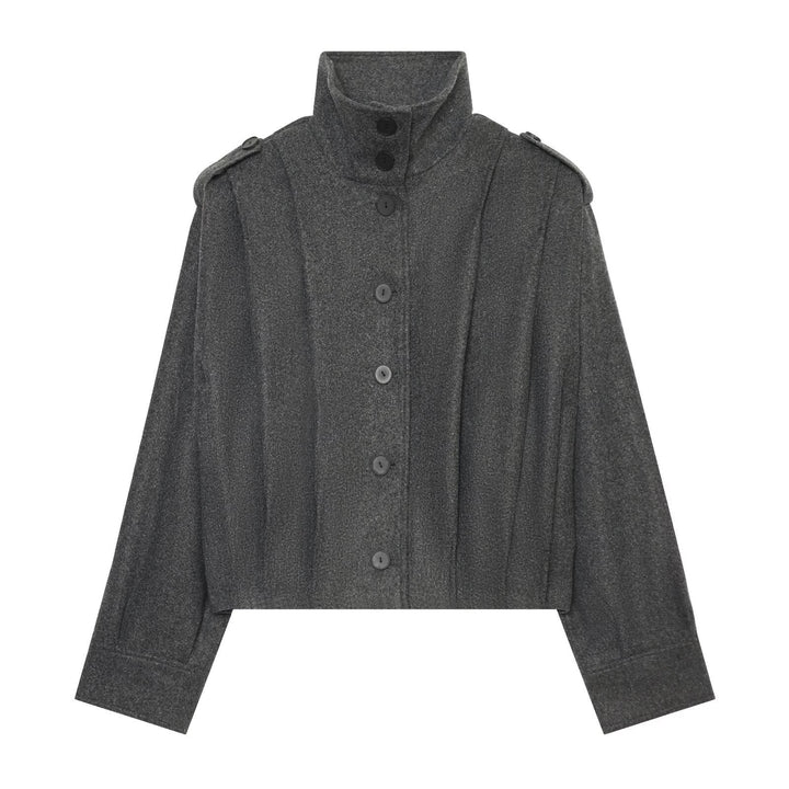 Women's Cropped Cape Jacket with High Stand Collar, Shoulder Straps and Continuous Button Placket Amarae