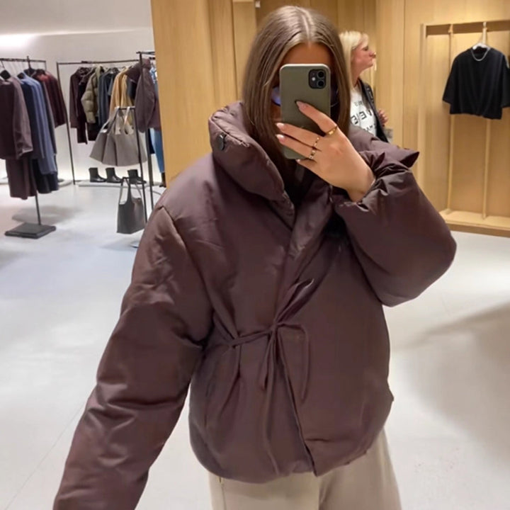 Women Short Padded Oversized Puffer Jacket with Hood and Tie Belt Amarae
