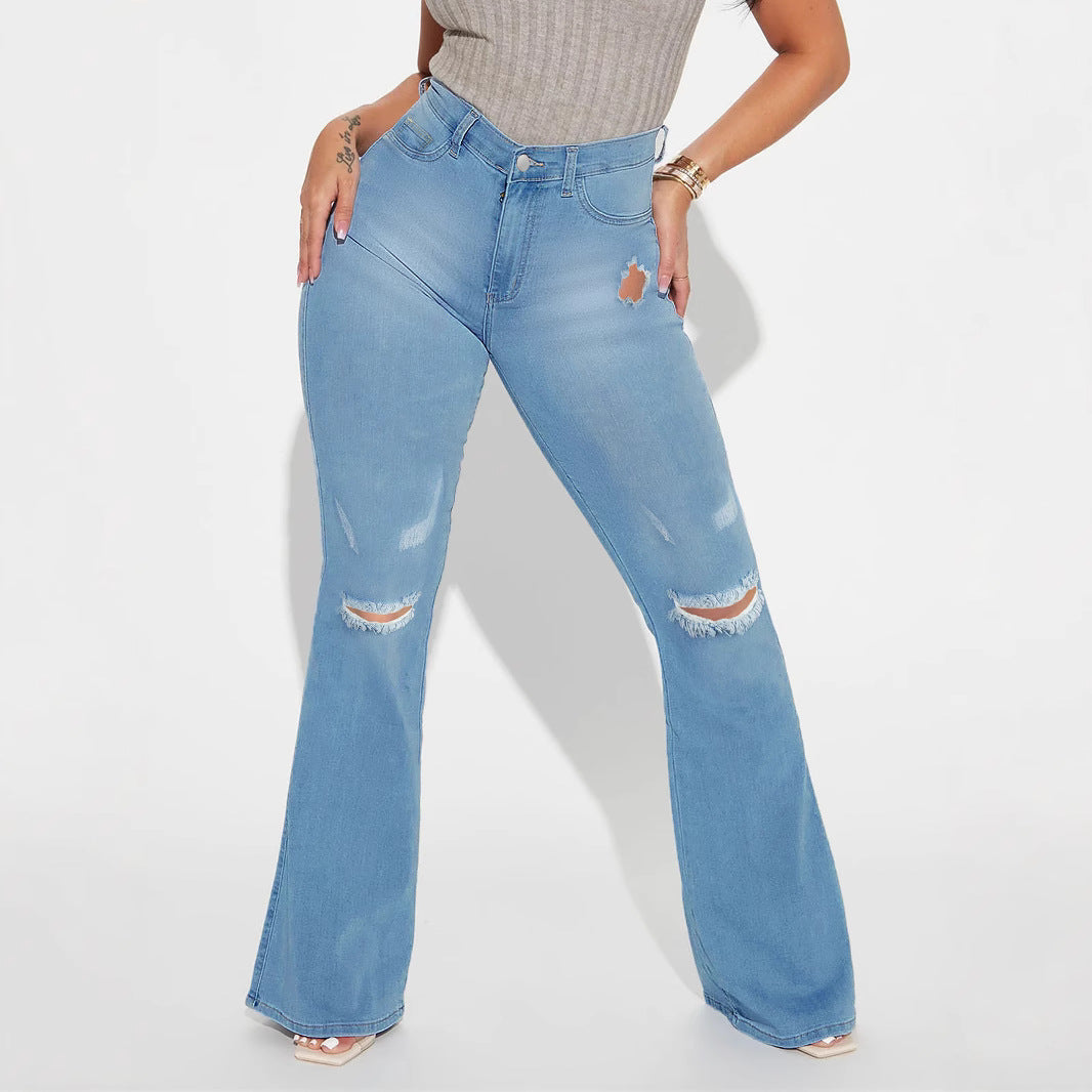 Women's High-Waist Flared Jeans with sculpting waistband and subtle knee rips Amarae