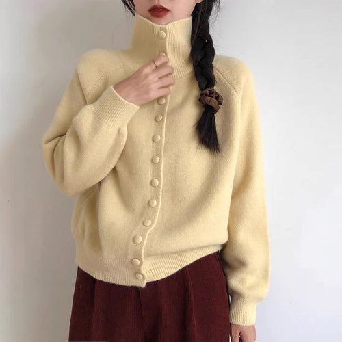 Ladies high-quality knitted cardigan with a high collar and button details Amarae