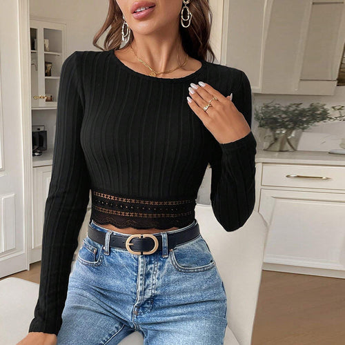 Women cropped long sleeves with intricate lace accents Chic & Stil