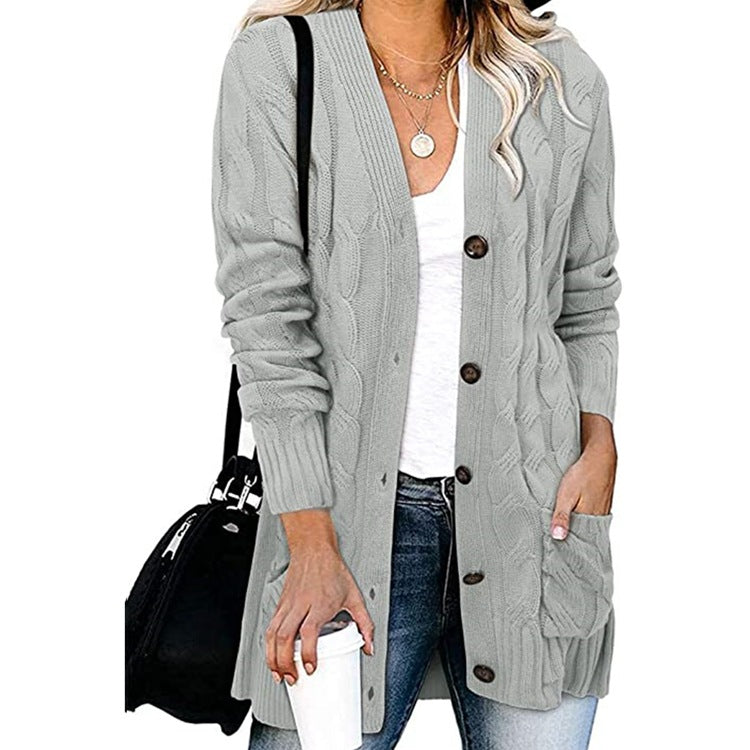 Rough knit cardigan for women with button details and practical pockets Lune London