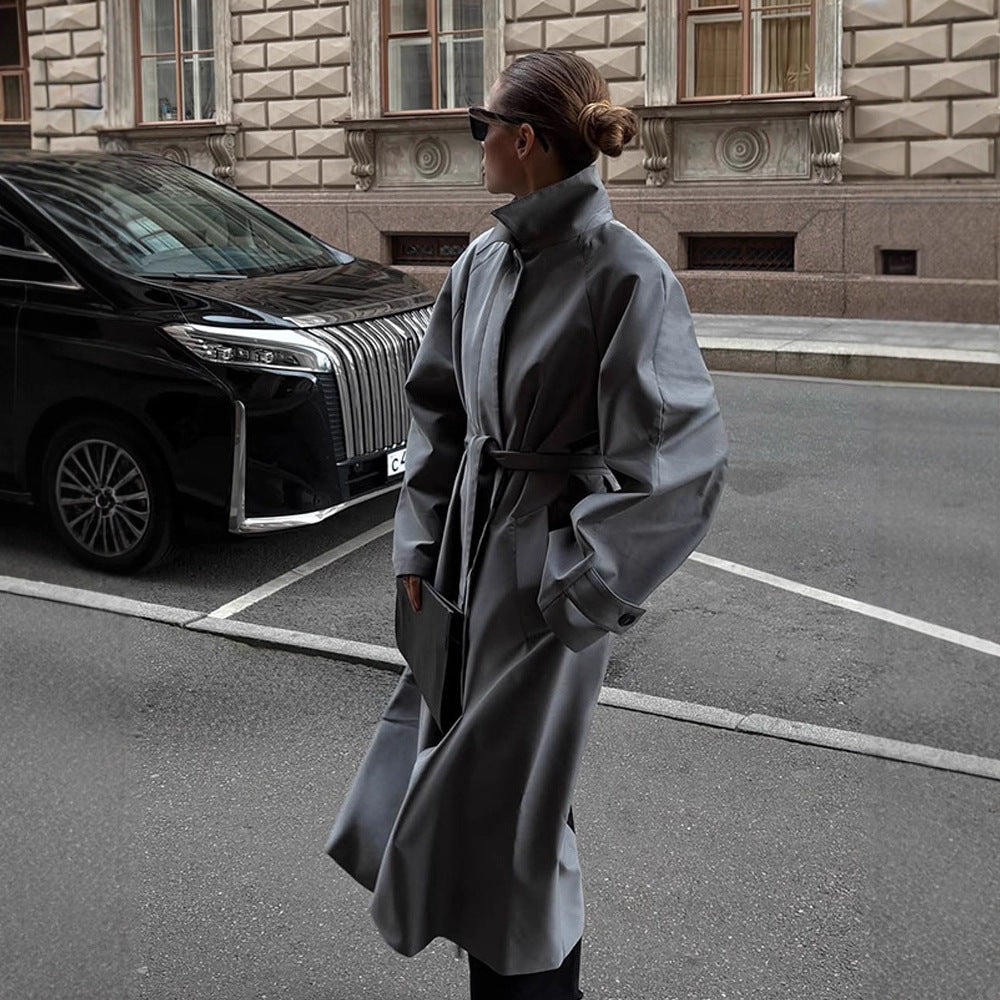 Women's Oversize Trench Coat with High Stand-Up Collar, Tie Belt and Hidden Button Placket Amarae