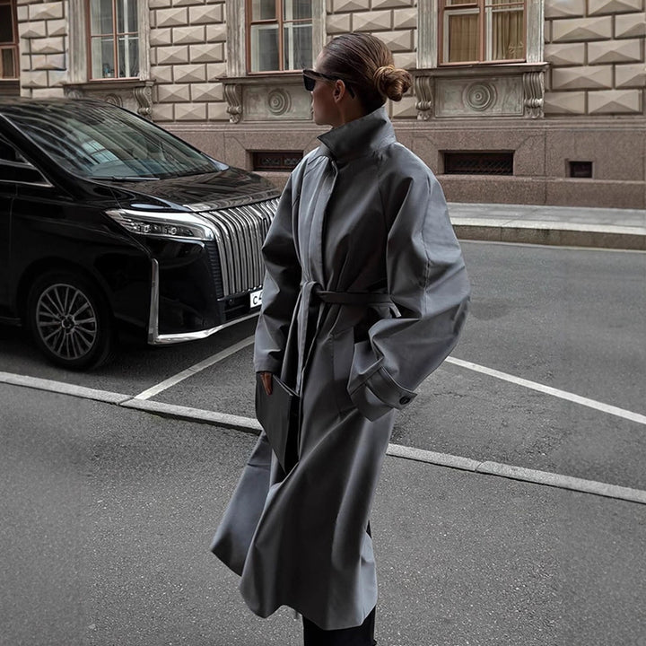 Women's Oversize Trench Coat with High Stand-Up Collar, Tie Belt and Hidden Button Placket Amarae