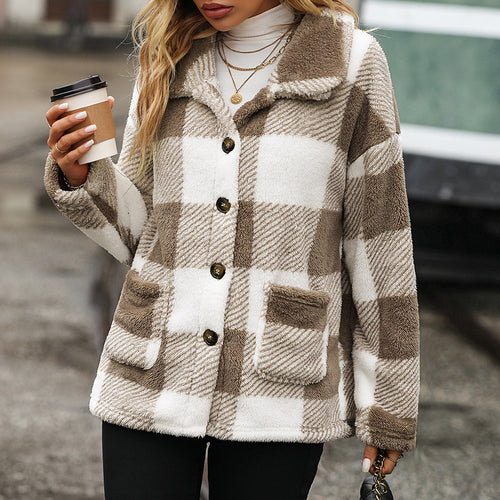 Amarae ladies plush jacket with a trendy check pattern and practical pockets