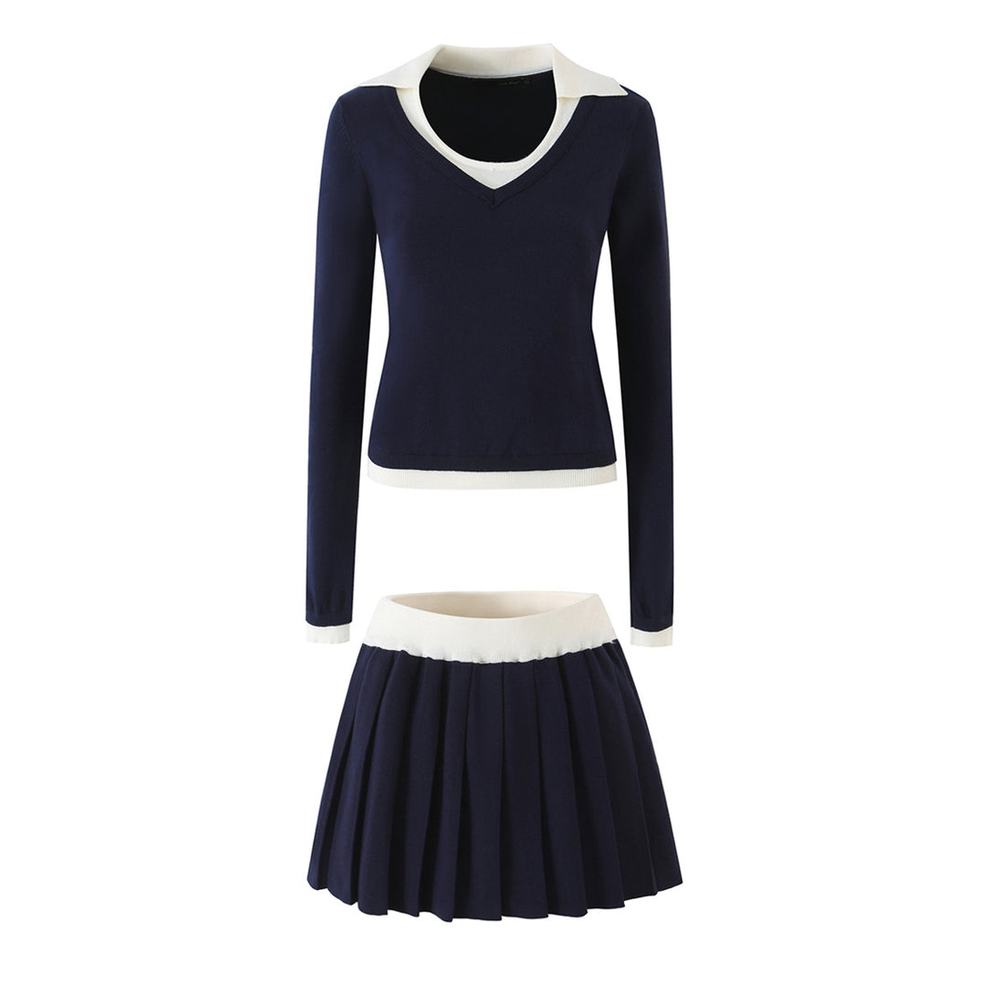 Women’s Two-Piece Fine Knit Set with V-Neck, Contrasting Collar and Pleated Mini Skirt Amarae