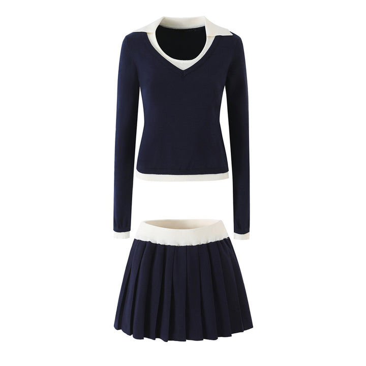 Women’s Two-Piece Fine Knit Set with V-Neck, Contrasting Collar and Pleated Mini Skirt Amarae