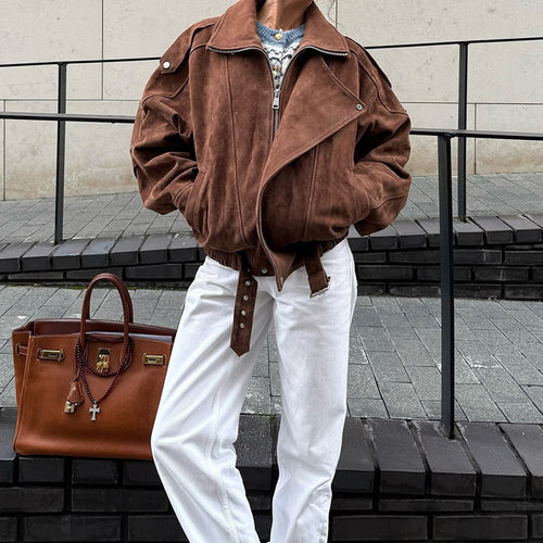 Casual oversized suede jacket for women with belted waist Amarae