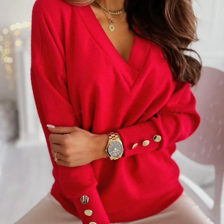 Ladies Long Fashion Sweater with Long Sleeves and V Neck and Button Details Lune London