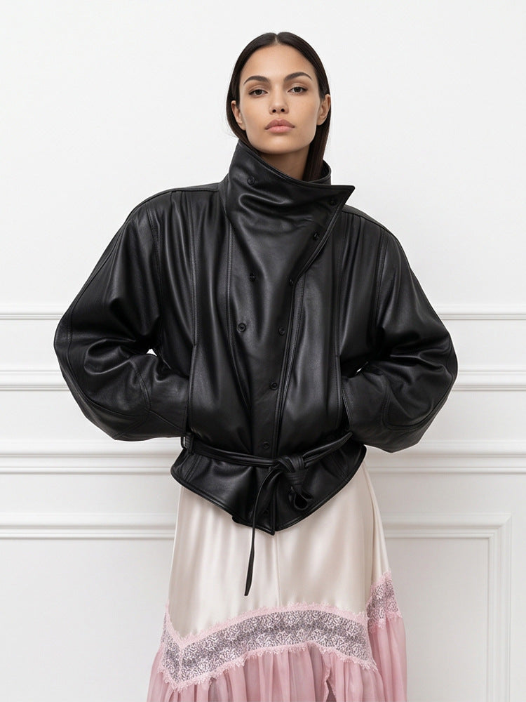 Ladies Oversize Faux Leather Bomber Jacket with High Standing Collar and Waist Belt Amarae
