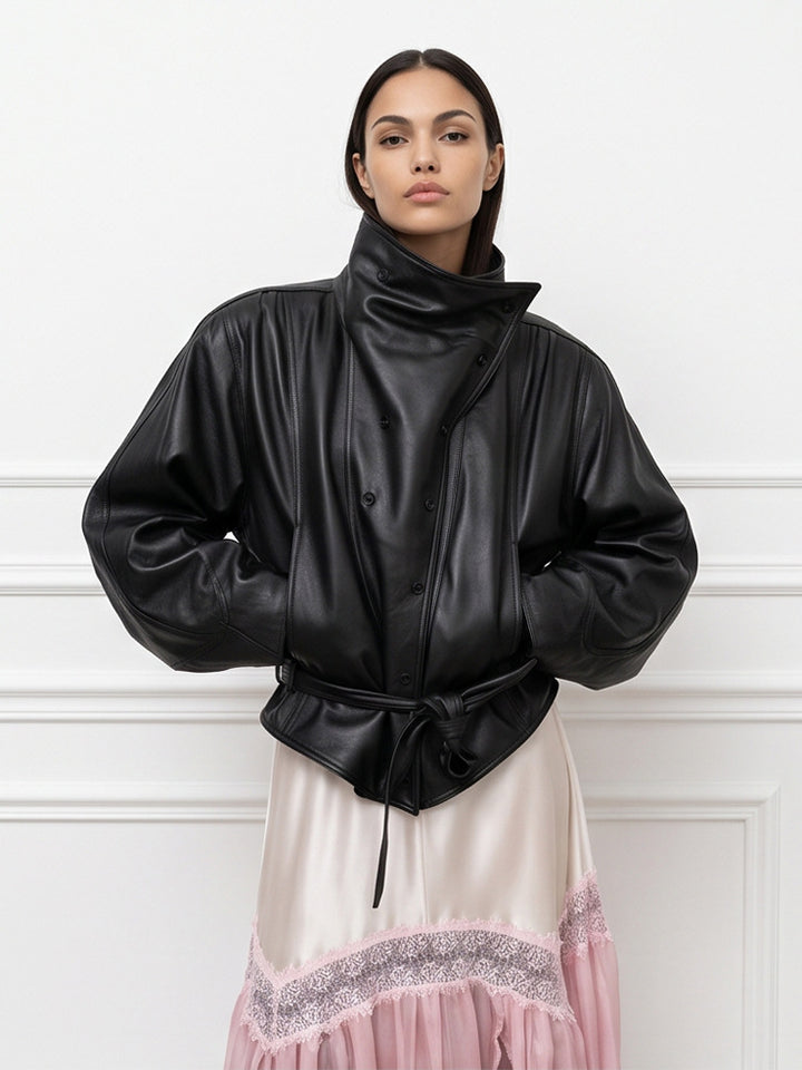 Ladies Oversize Faux Leather Bomber Jacket with High Standing Collar and Waist Belt Amarae