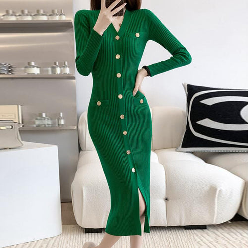 Knit dress for women with button placket and deep slit Amarae