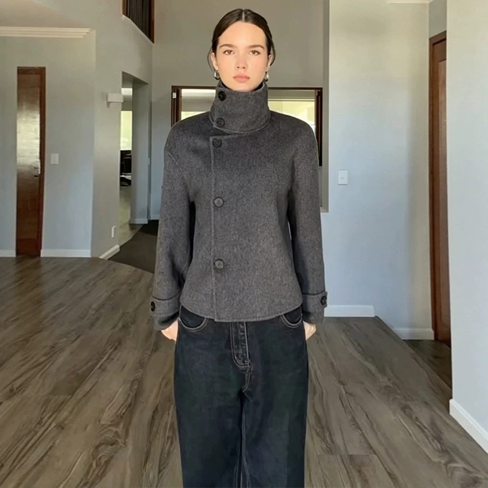 Women's Short Wool Blend Coat with Asymmetrical Button Placket and High Standing Collar Amarae