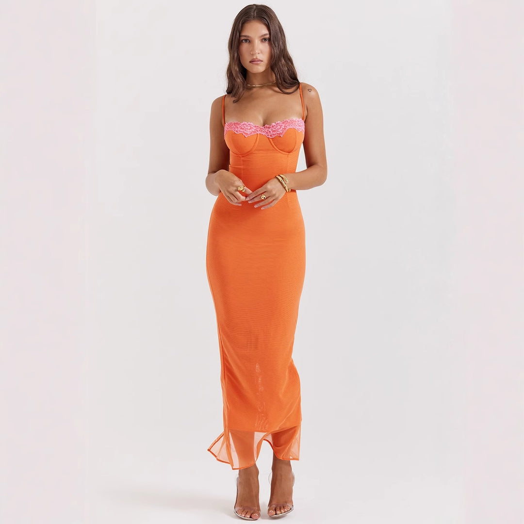 Women's fitted maxi dress with transparent hem and romantic lace accent Lune London