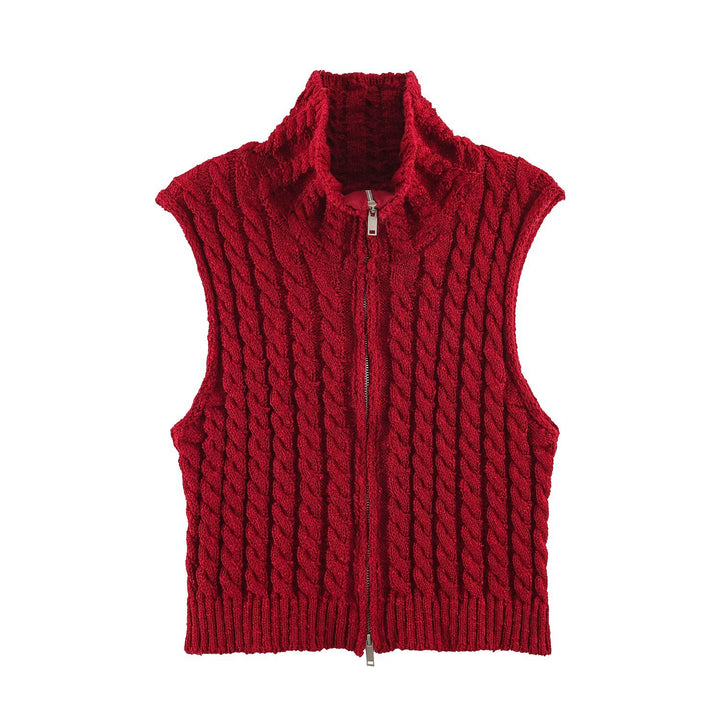 Women Sleeveless Cable Knit Vest with Stand-Up Collar and Full Zipper Amarae