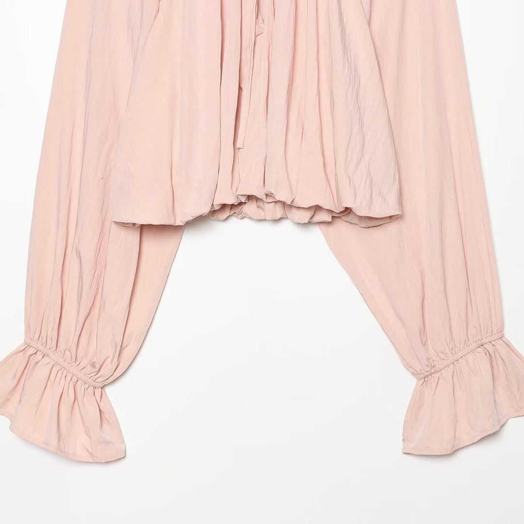 Women's Carmen Cropped Blouse with Drawstring Collar, Ruffled Hem and Balloon Sleeves Amarae