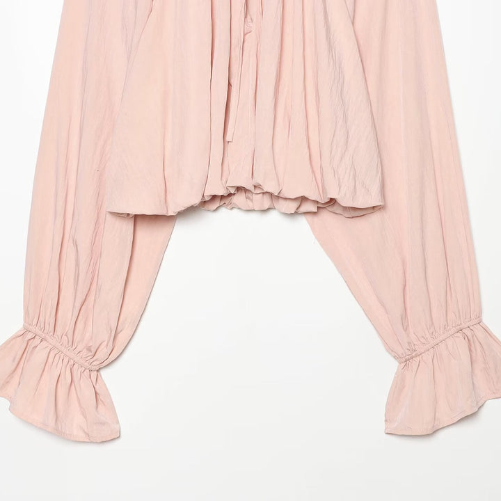 Women's Carmen Cropped Blouse with Drawstring Collar, Ruffled Hem and Balloon Sleeves Amarae