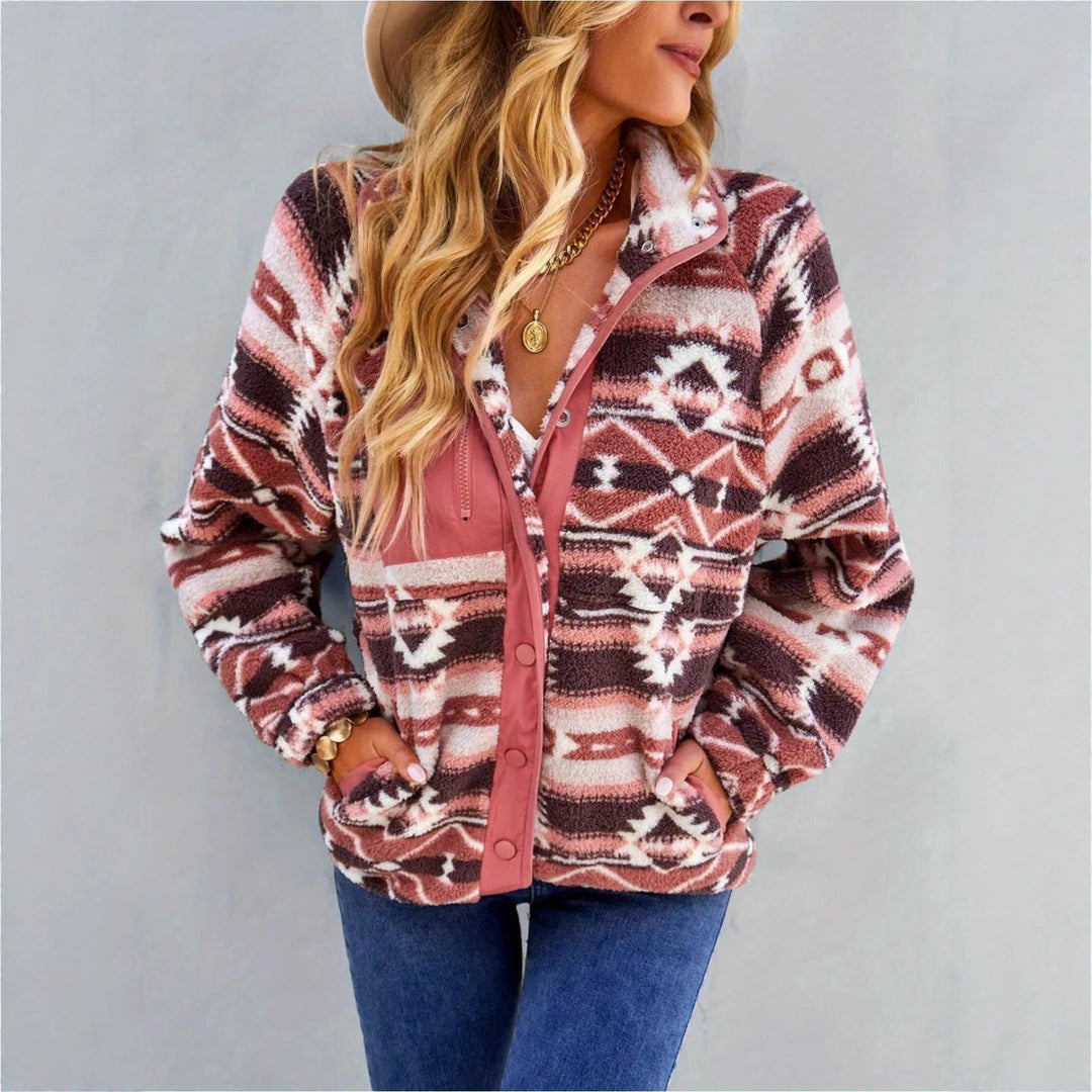 Ladies Plush Printed Jacket with High Collar and Snap Closure Lune London