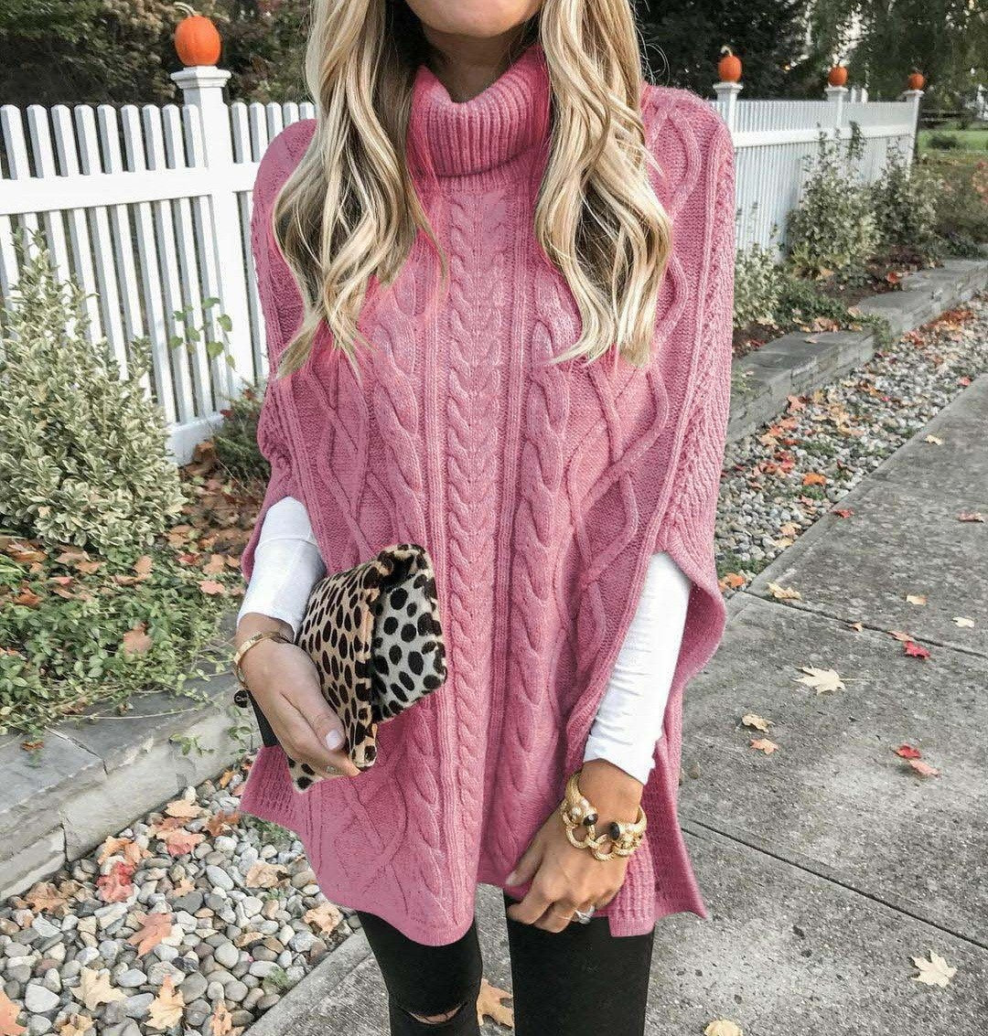 Knit poncho for women with high collar and decorative braided pattern Lune London
