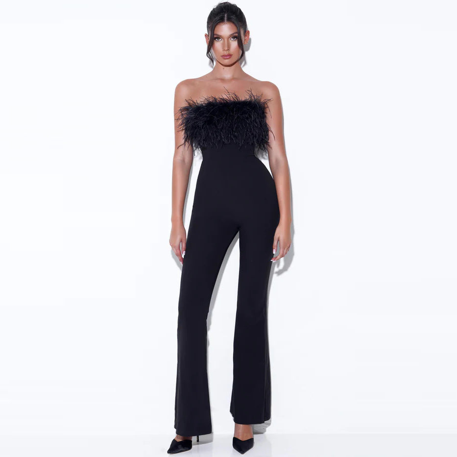 Women's Culotte Overall with Glamorous Feather Trim Lune London