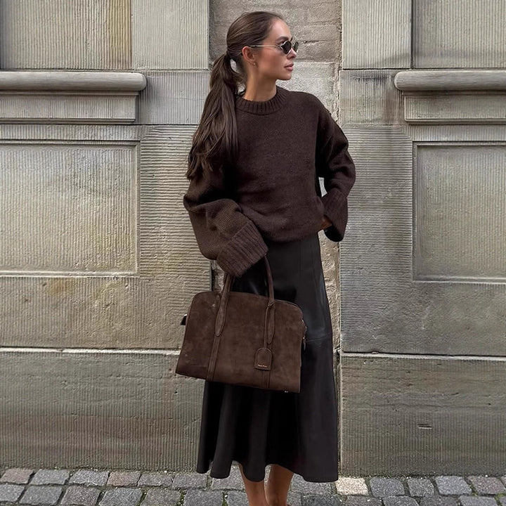 Women's oversized knit sweater with wide ribbed hem and trumpet sleeves Amarae
