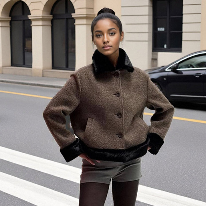 Women's Short Cut Boxy Wool Blend Coat with Contrast Faux Fur Trim Amarae