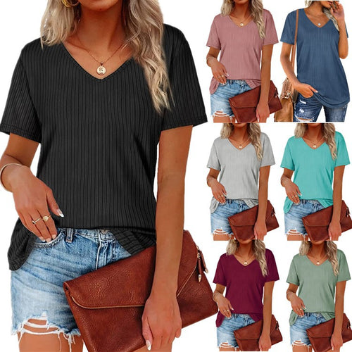 Viscose T-shirt for women with a fine ribbed knit pattern and a casual V-neck Amarae