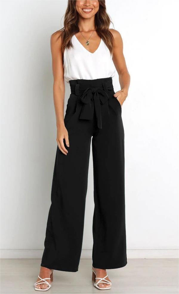 Elegant high-waisted pants for women with a tie belt and wide leg Lune London
