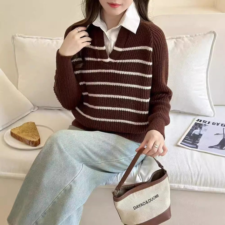 Knit sweater for women with V-neck and striped design Lune London
