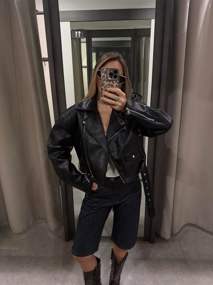 Women Short Structured Biker Jacket Made of Faux Leather Amarae